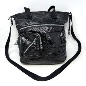 Kipling Joslyn Patent Bag Black Shiny Crinkle Convertible Tote Shoulder‎ Purse